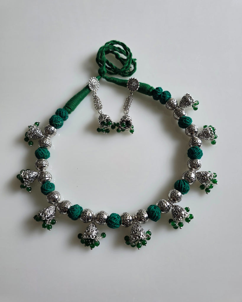 Green and silver jumki cotton balls necklace