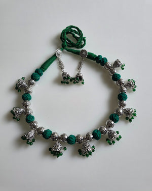 Green and silver jumki cotton balls necklace