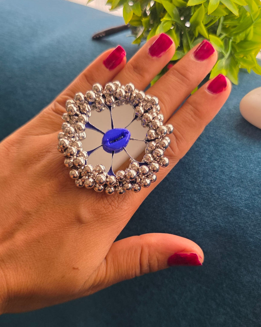 Boho Mirror Work Ring with Blue Cowrie Shell