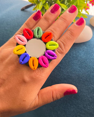 Multi cowrie shells & mirror finger ring