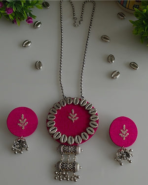 Pink Fabric necklace with German Silver chain