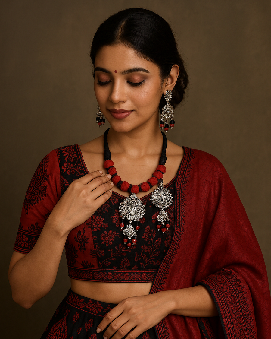 Red and black thread with oxidised pendant necklace